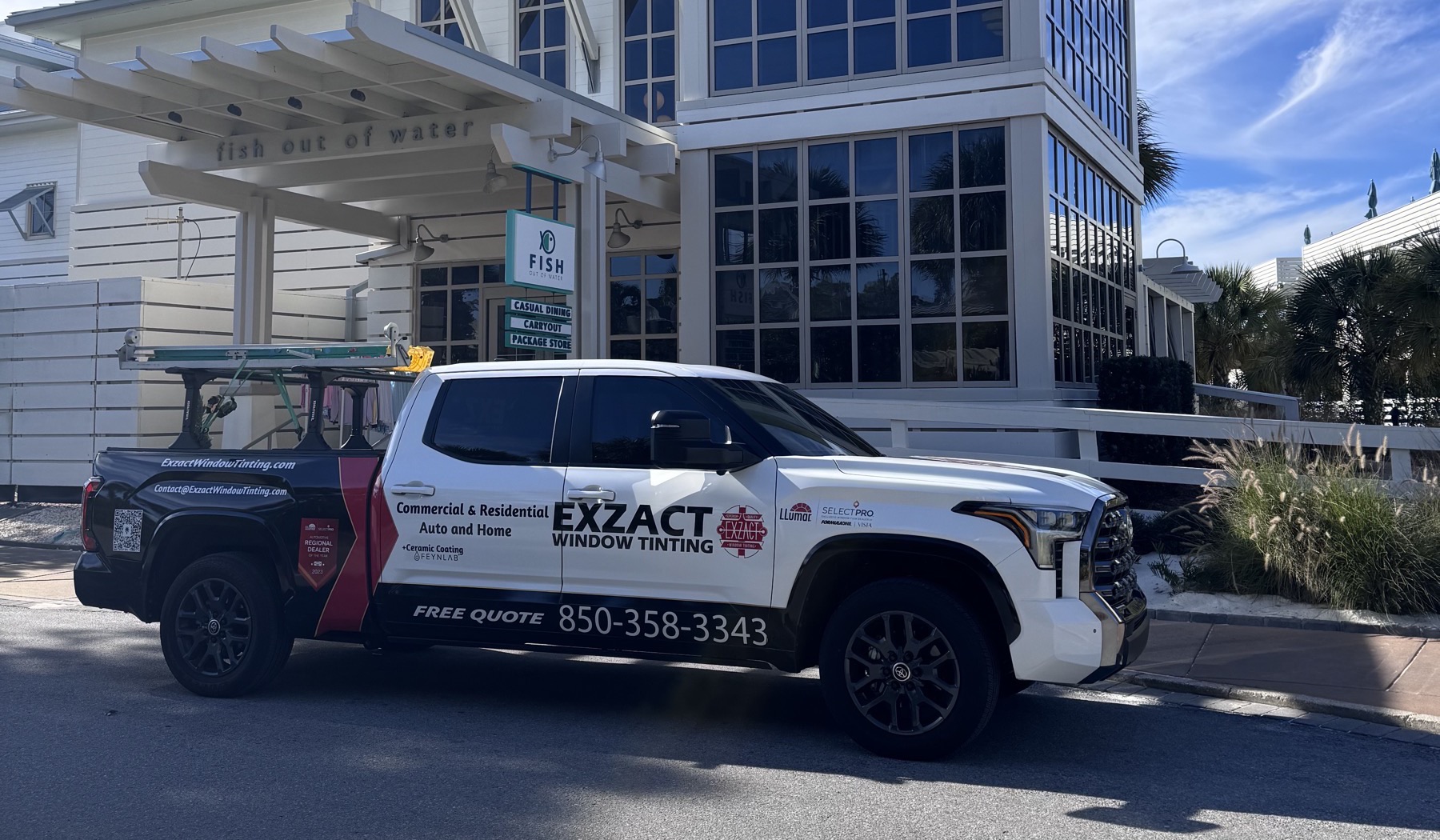 Exzact Window Tinting truck on the job along Scenic 30A